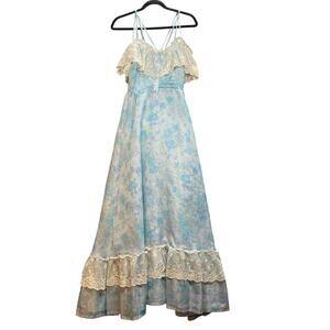 Vtg Dance Allure Lace Ruffle Blue Cottagecore Whimsy Dress XS/S Blue Union Made